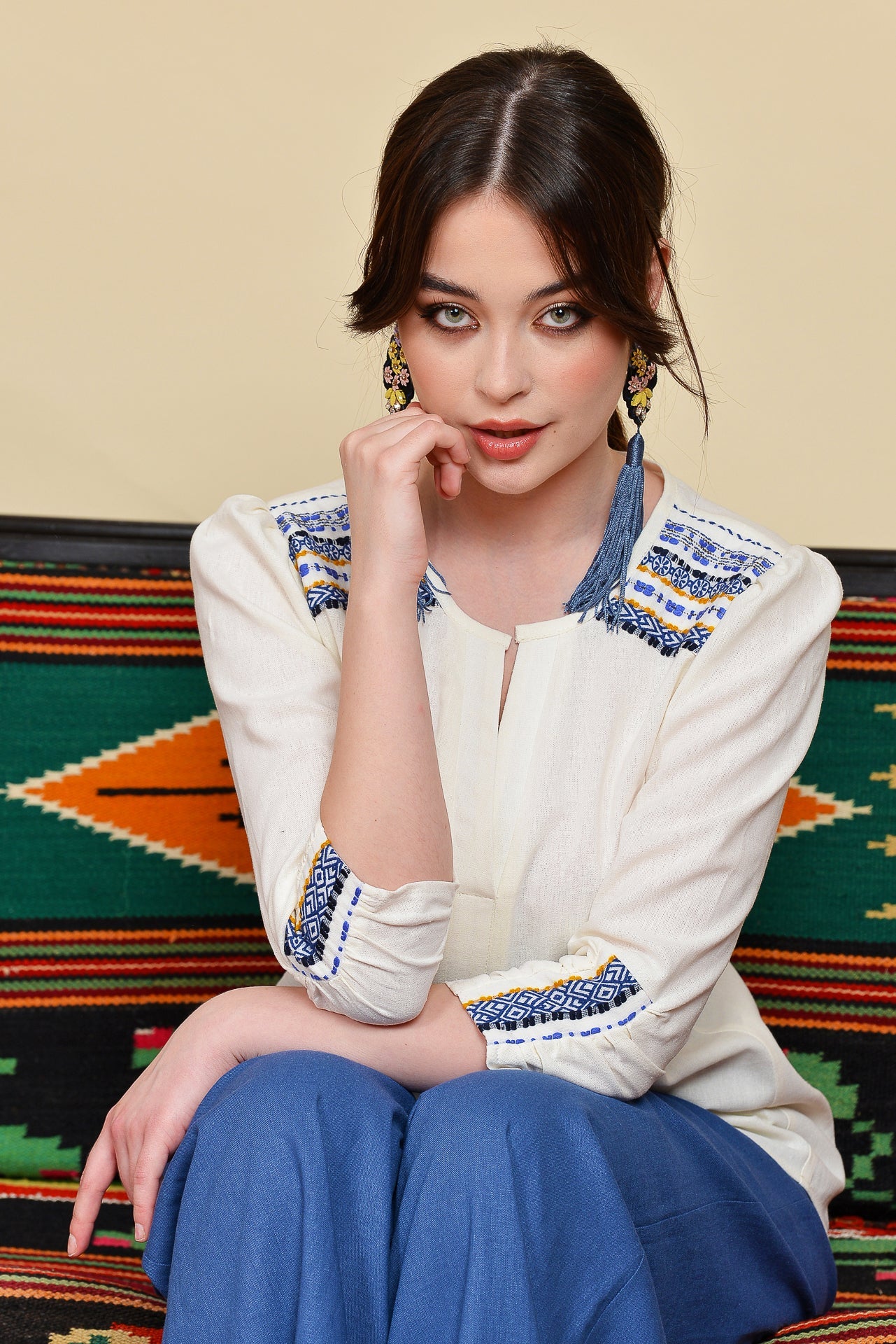 Camasa din In si Jacquard Etnic Albastru