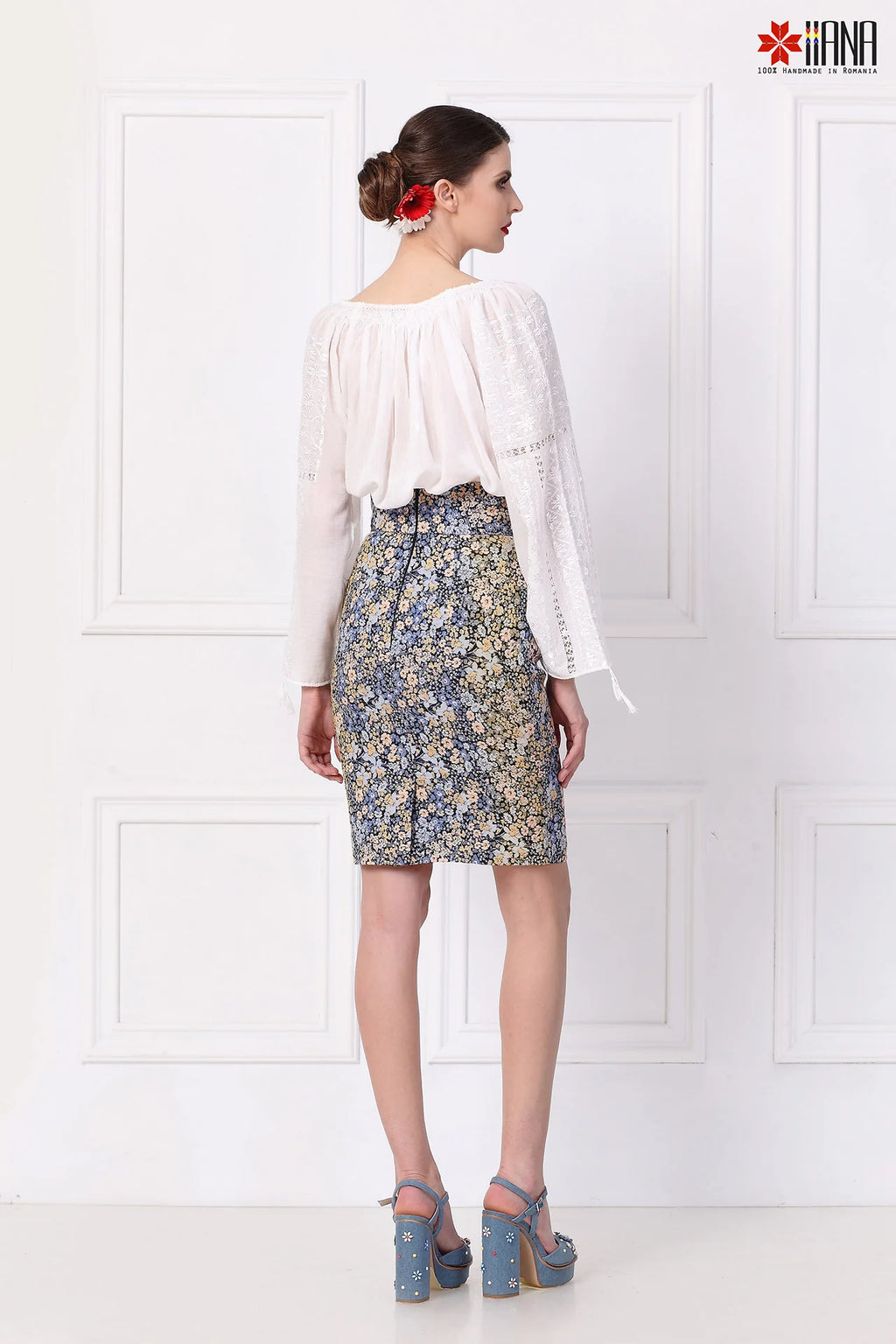 Fusta Dreapta din Jacquard cu Motive Florale