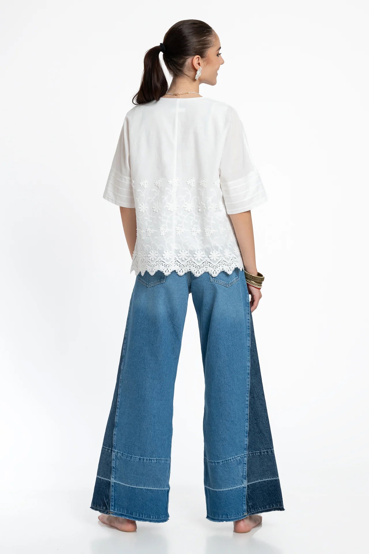 Bluza kimono albă din batist de bumbac și broderie tridimensională
