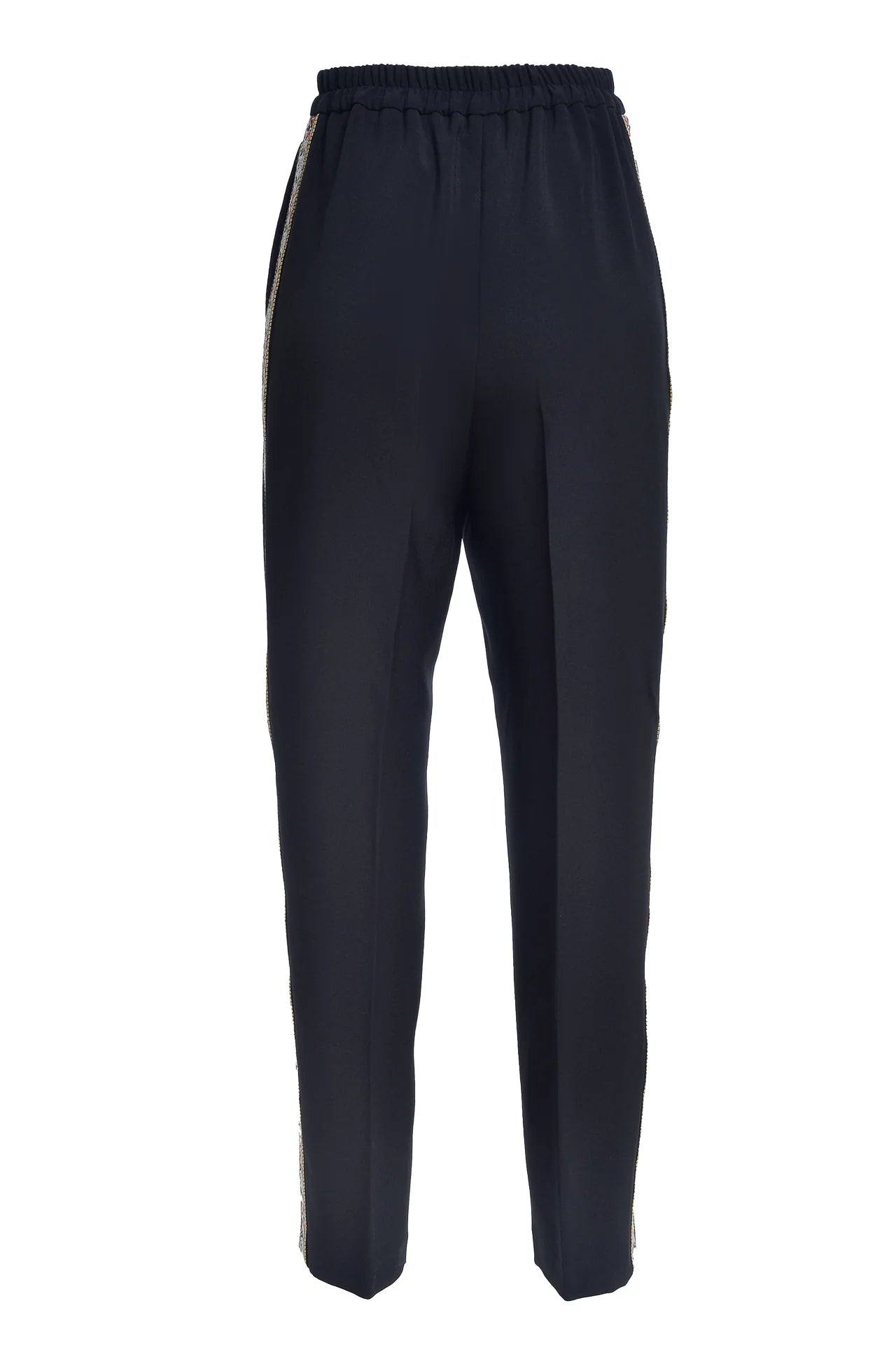 Pantaloni Conici din Stofa Neagra cu Banda Laterala din Jacquard Floral