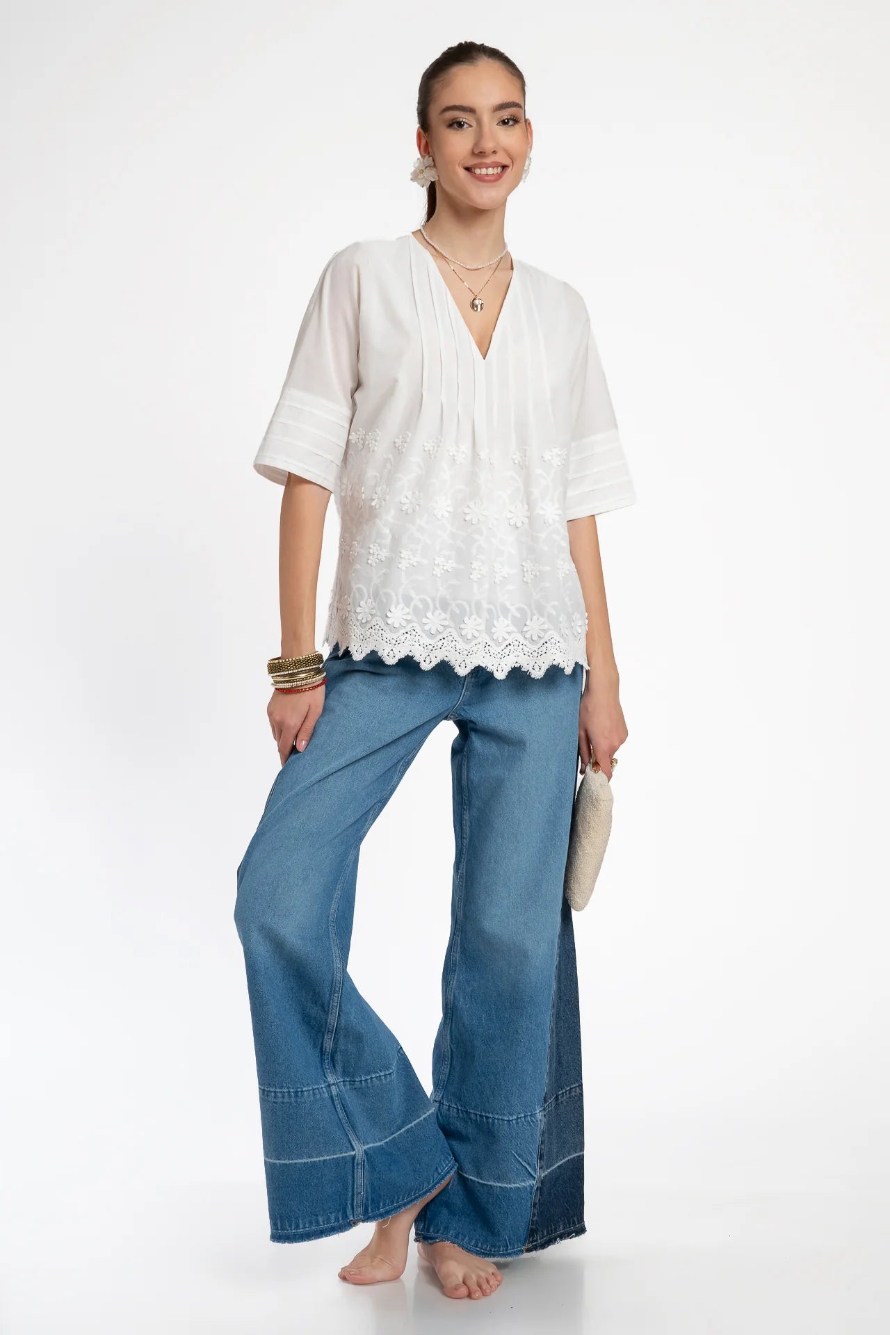 Bluza kimono albă din batist de bumbac și broderie tridimensională