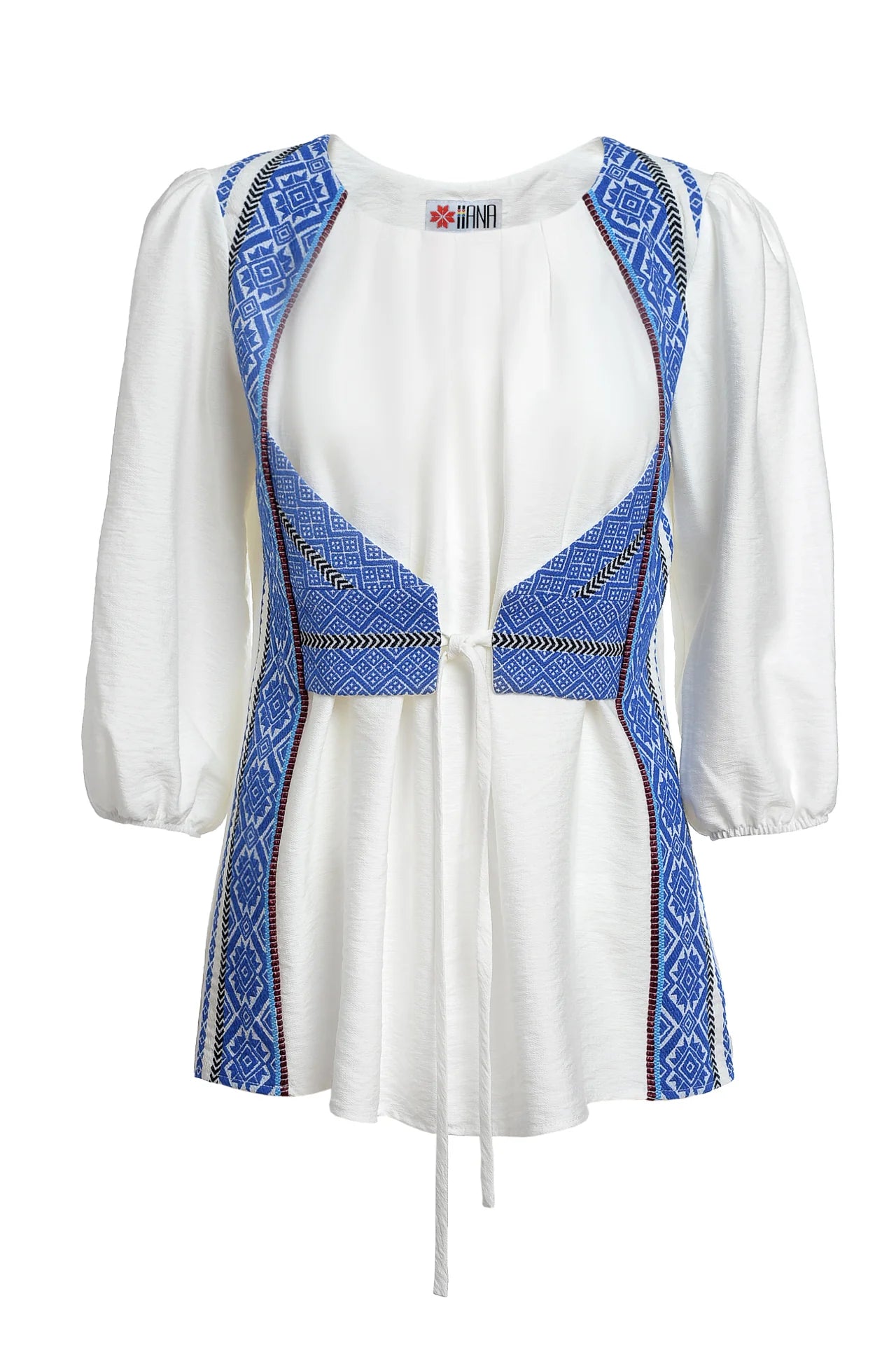 Bluza alba cu pieptar tesut albastru