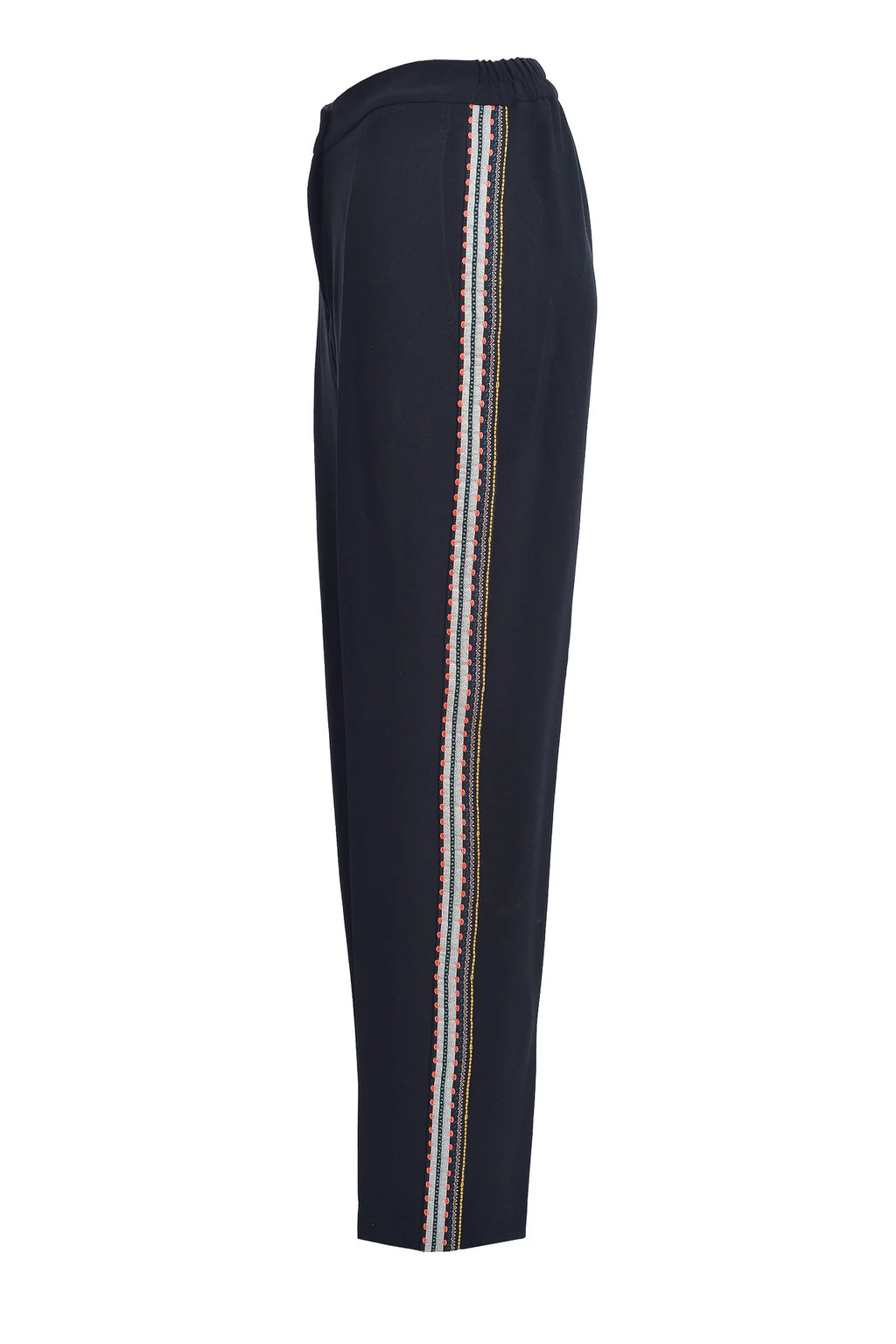 Pantaloni Conici din Stofa Neagra cu Banda Laterala din Jacquard Geometric