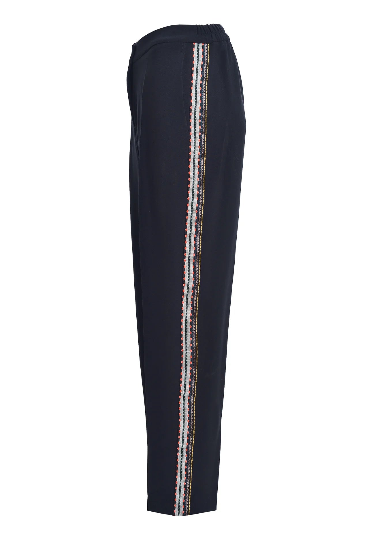 Pantaloni Conici din Stofa Neagra cu Banda Laterala din Jacquard Geometric