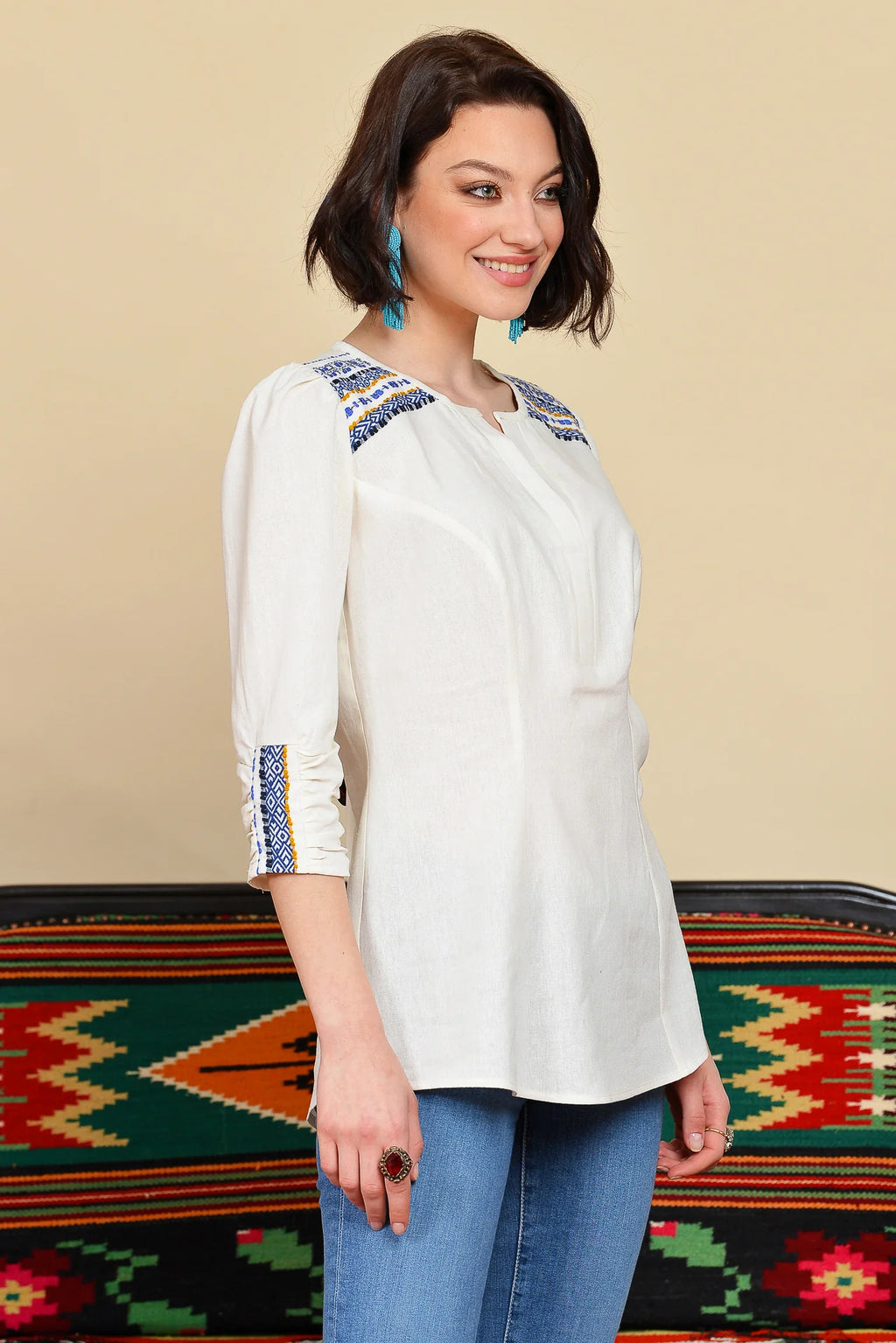 Camasa din In si Jacquard Etnic Albastru