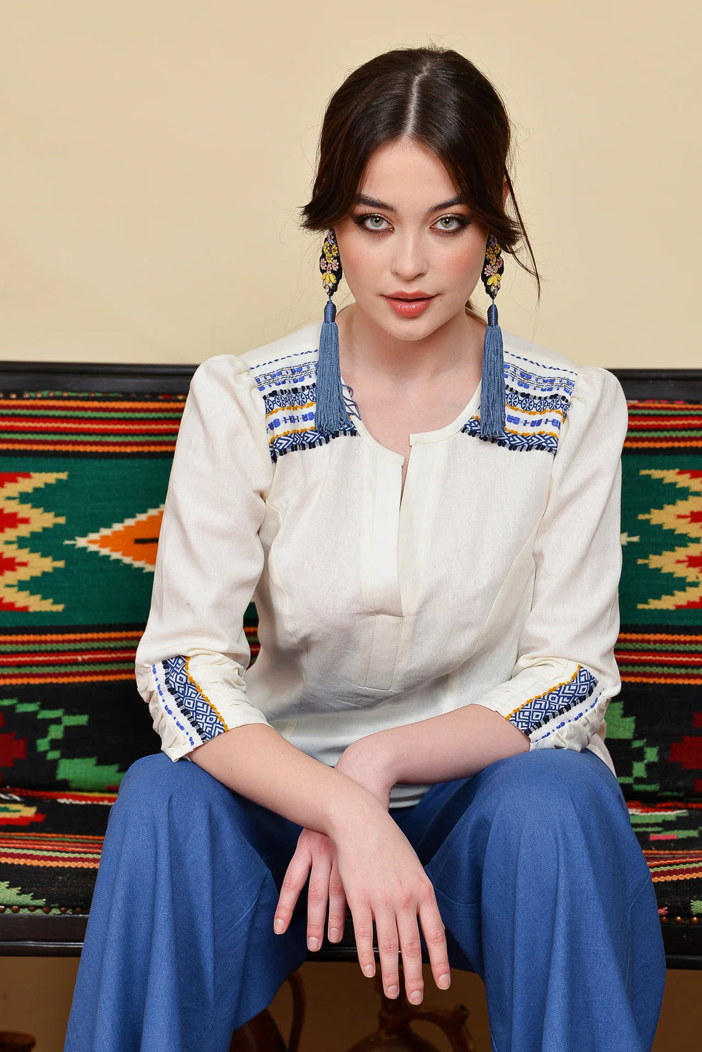 Camasa din In si Jacquard Etnic Albastru