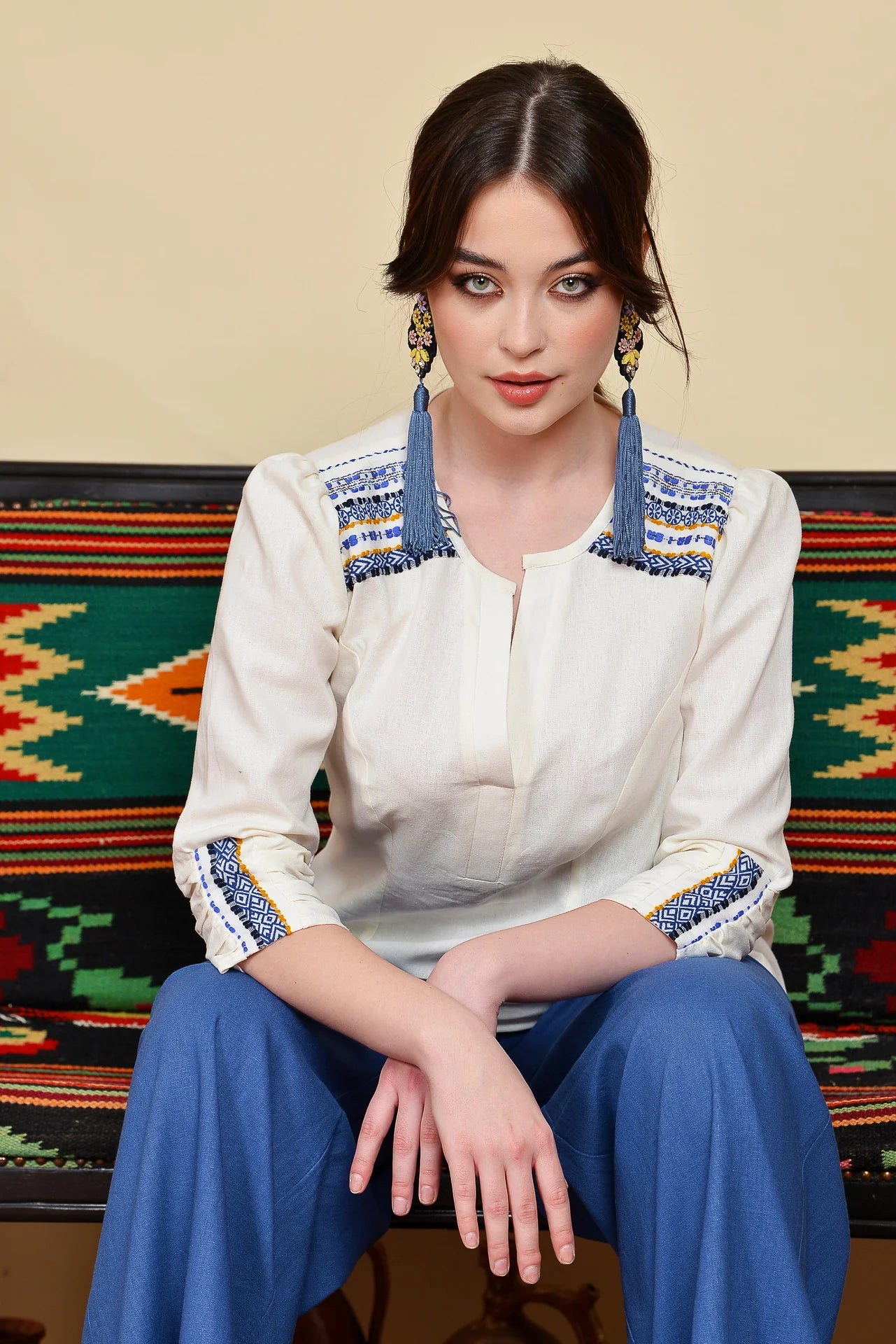 Camasa din In si Jacquard Etnic Albastru