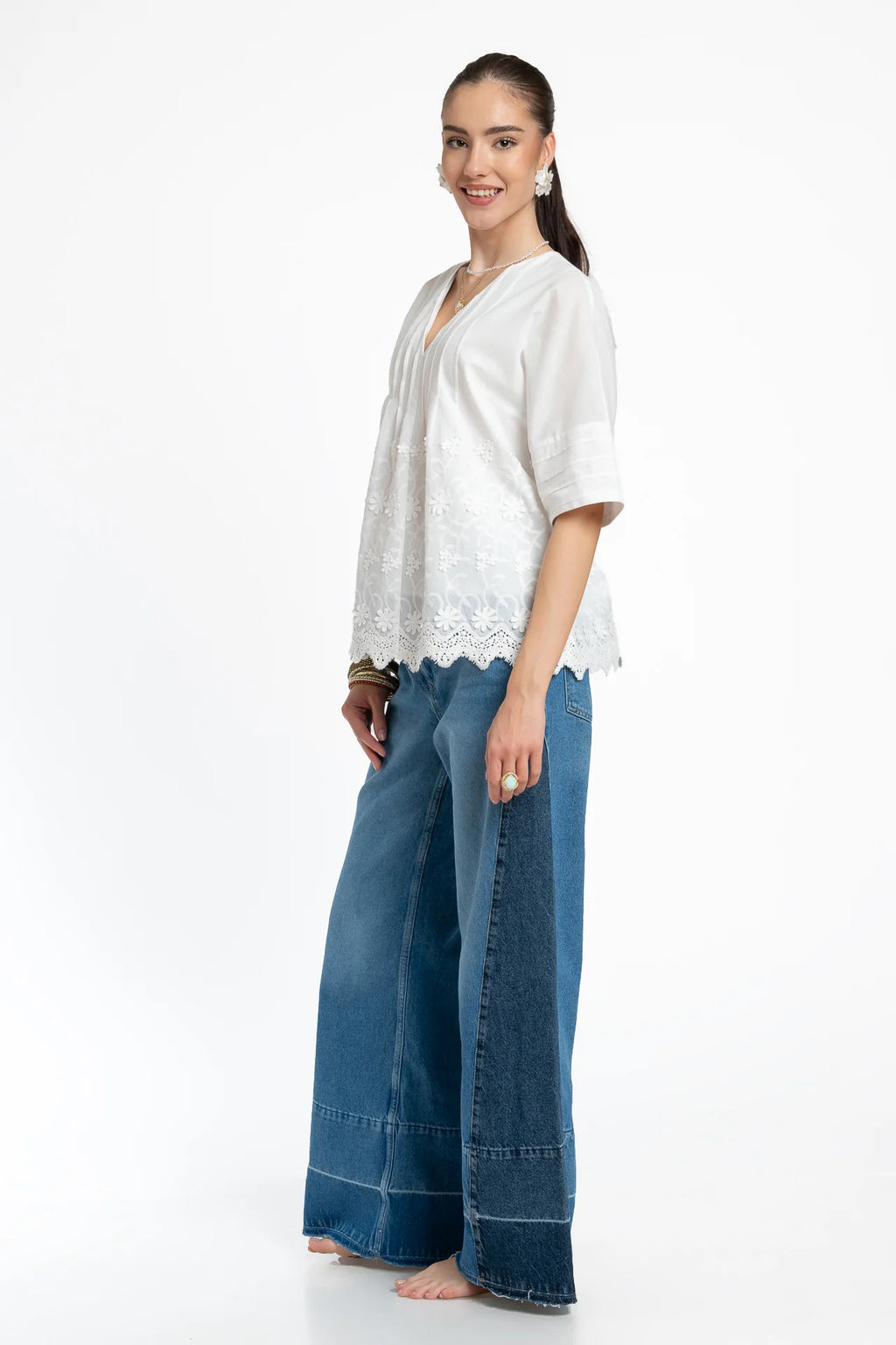 Bluza kimono albă din batist de bumbac și broderie tridimensională