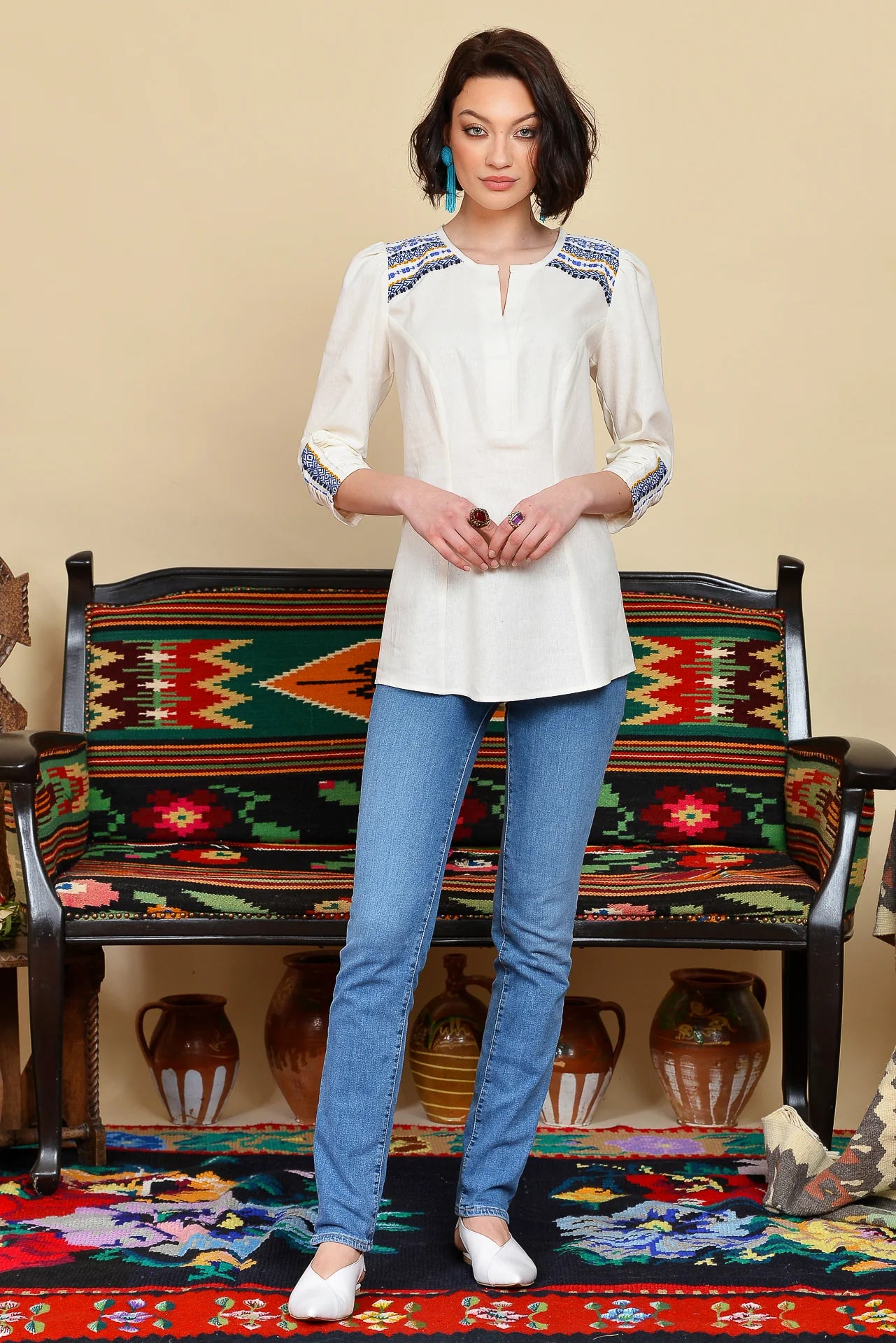 Camasa din In si Jacquard Etnic Albastru