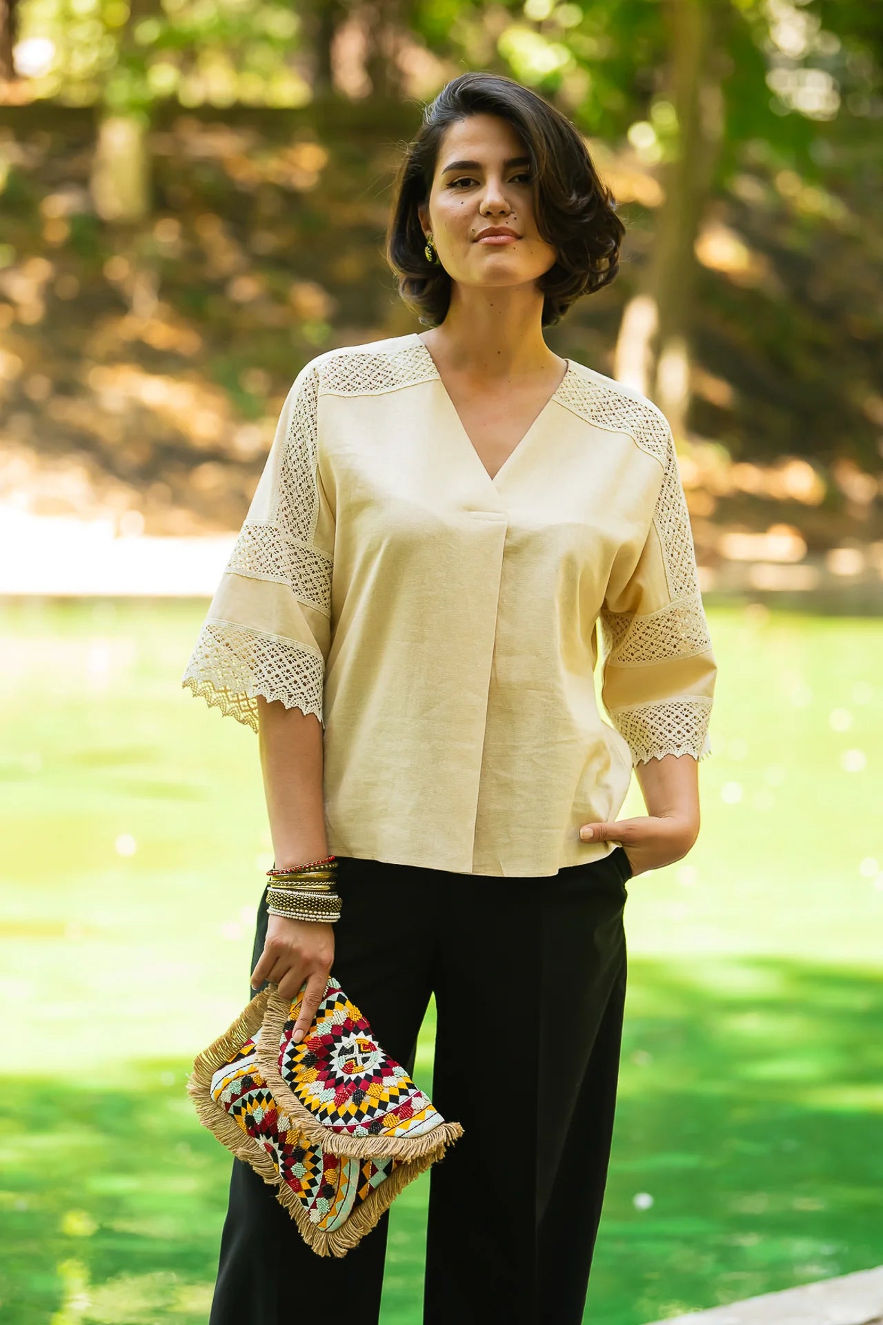 Bluza chimono crem cu dantela traditionala