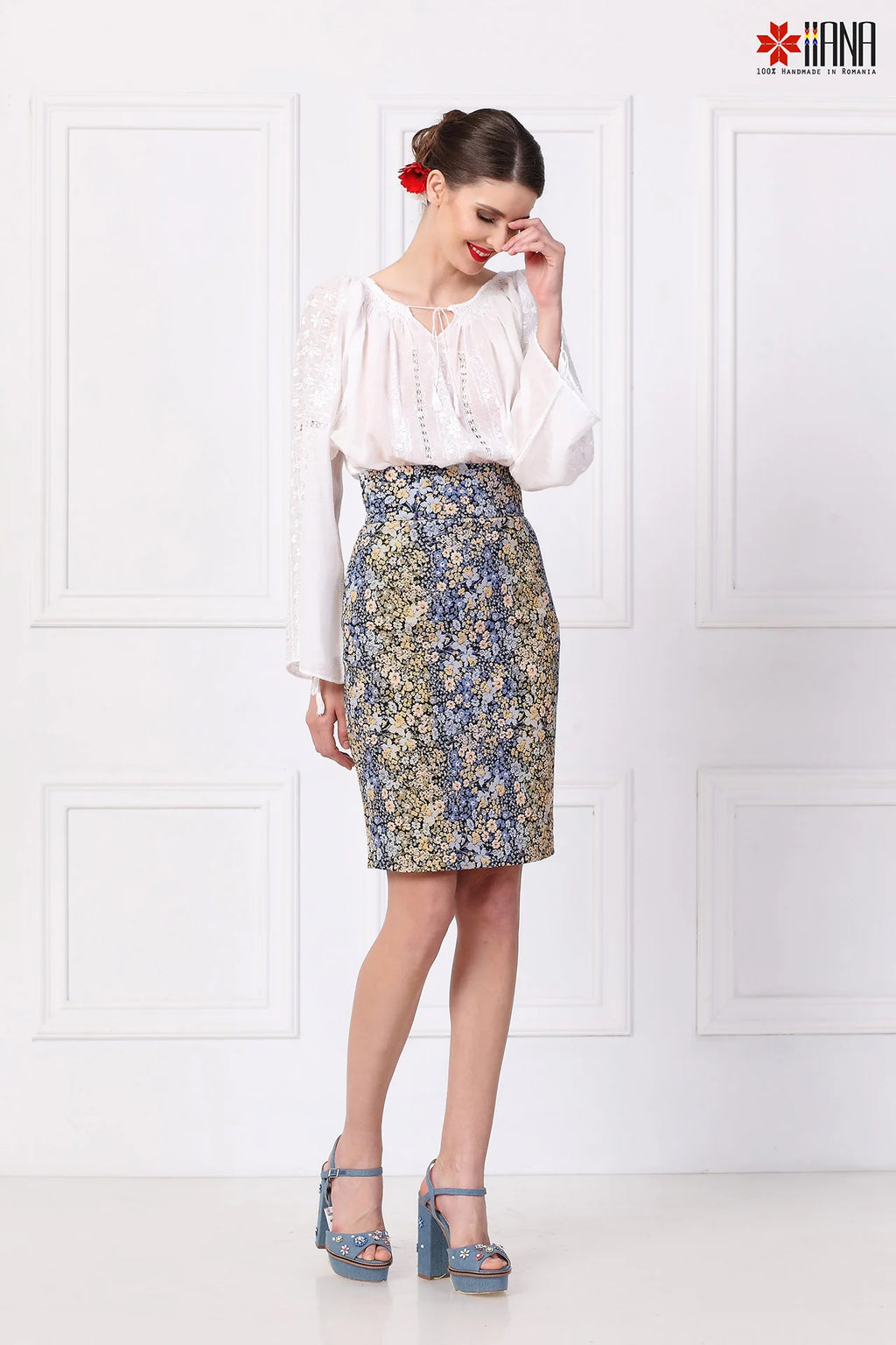 Fusta Dreapta din Jacquard cu Motive Florale