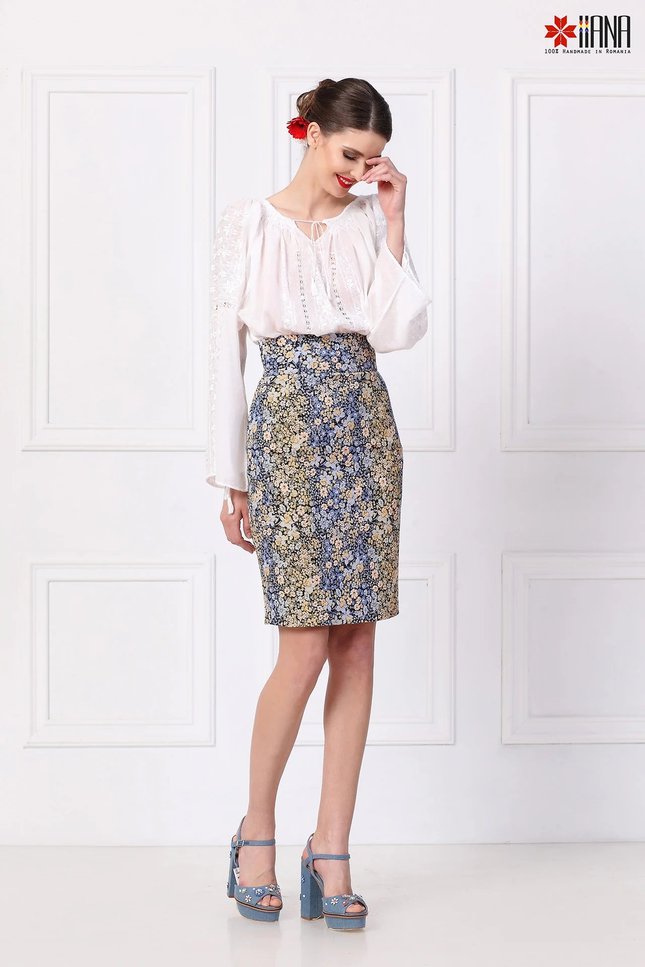 Fusta Dreapta din Jacquard cu Motive Florale