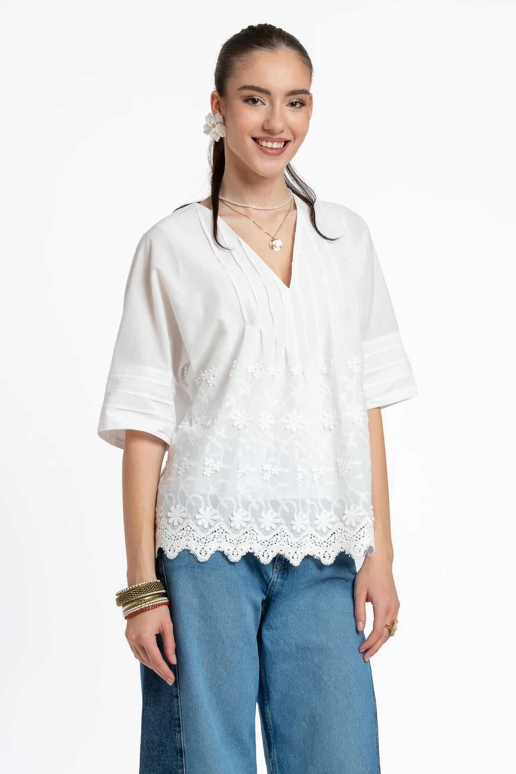 Bluza kimono albă din batist de bumbac și broderie tridimensională