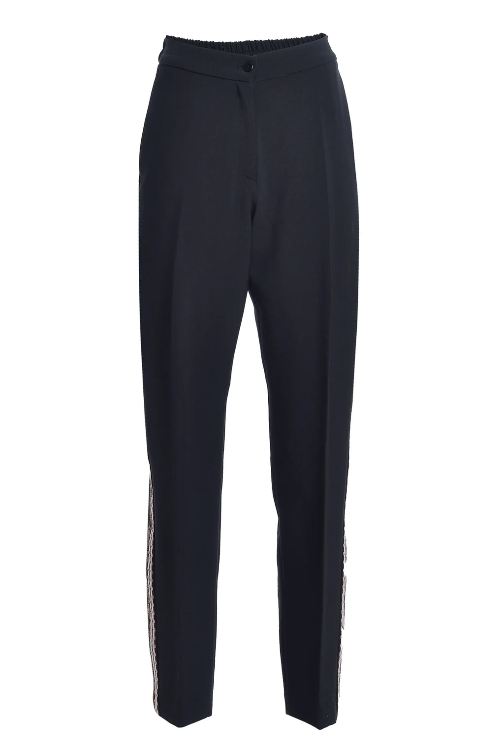 Pantaloni Conici din Stofa Neagra cu Banda Laterala din Jacquard Geometric