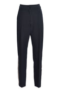 Pantaloni Conici din Stofa Neagra cu Banda Laterala din Jacquard Geometric