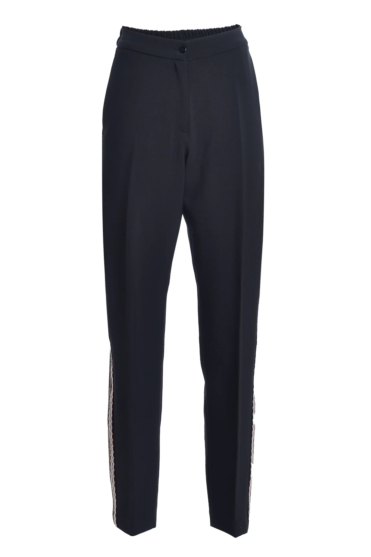 Pantaloni Conici din Stofa Neagra cu Banda Laterala din Jacquard Geometric