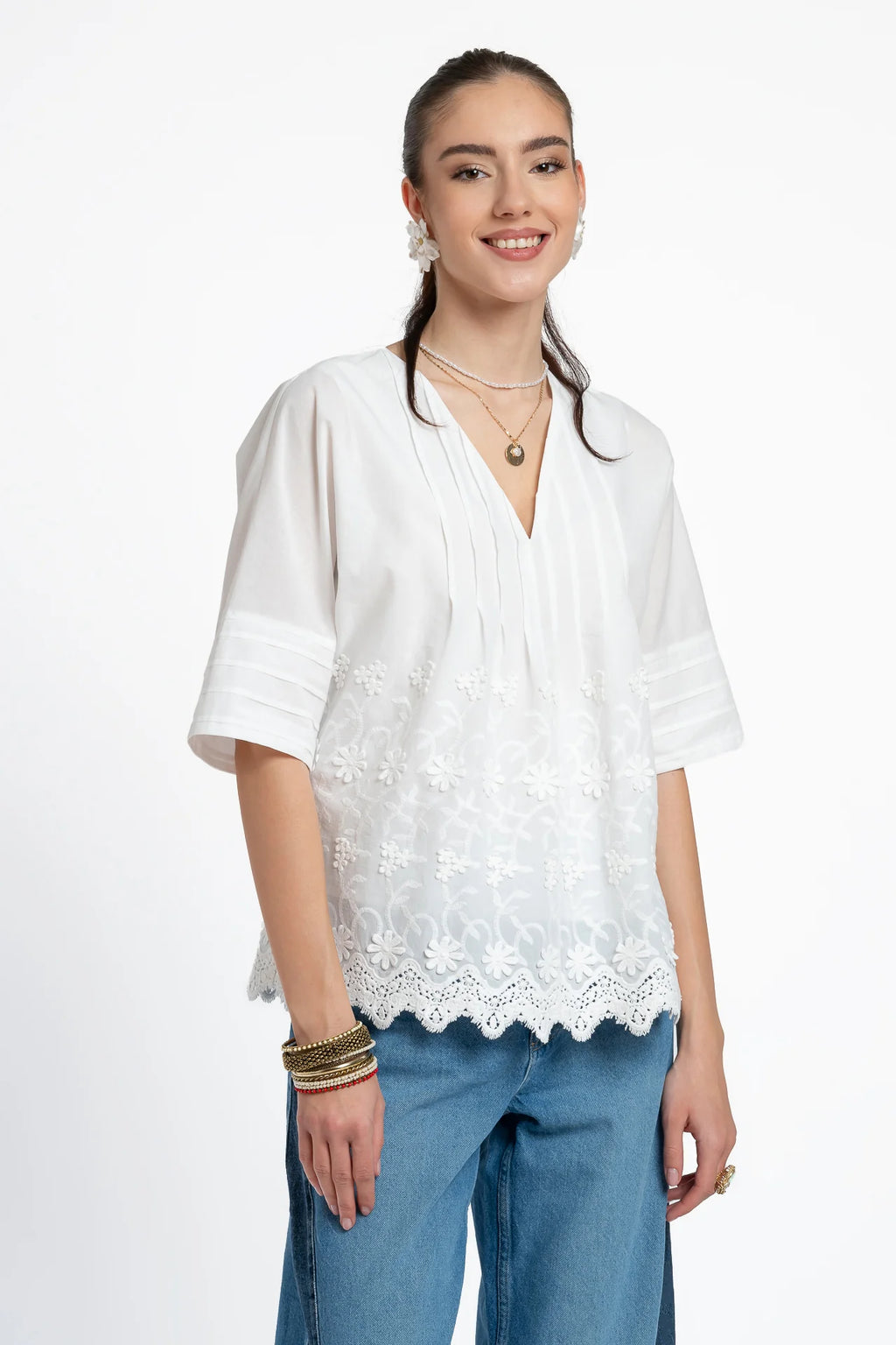 Bluza kimono albă din batist de bumbac și broderie tridimensională