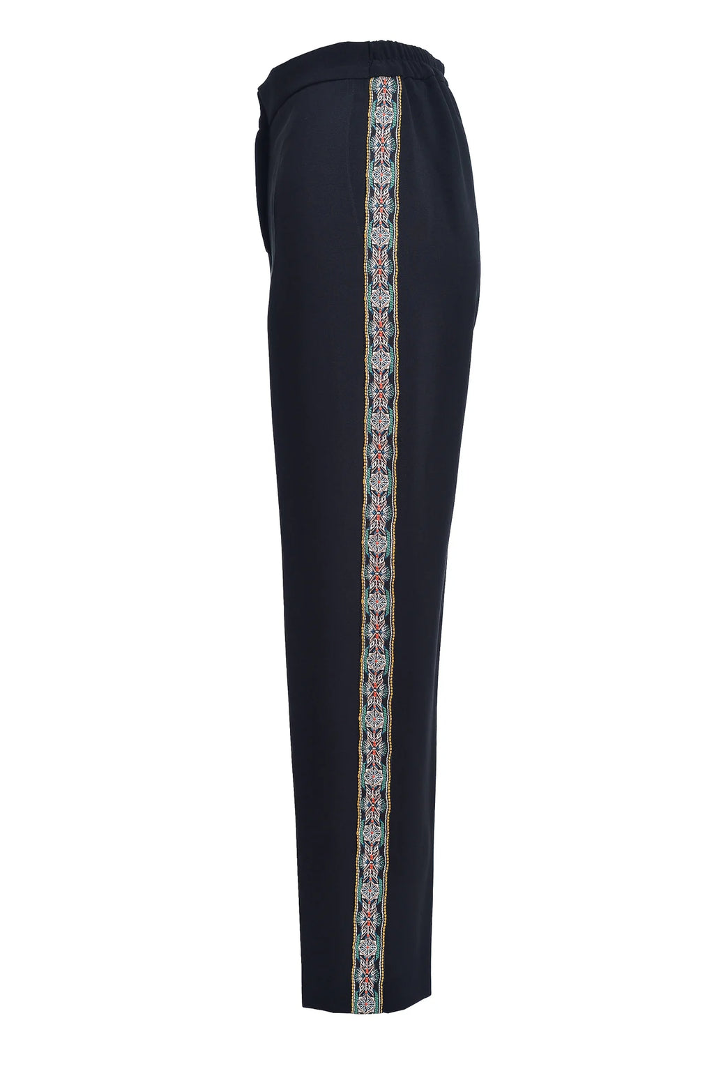 Pantaloni Conici din Stofa Neagra cu Banda Laterala din Jacquard Floral